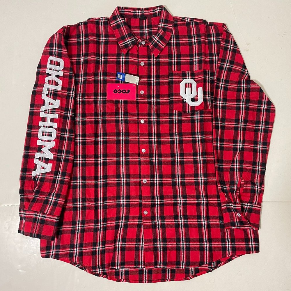 Oklahoma Sooners FOCO Mens Flannel Plaid Long Sleeve Button Up Shirt Pocket - L